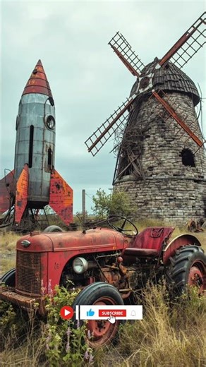 Exploration of a rusty tractor and giant rocket near the abandoned giant windmill tower