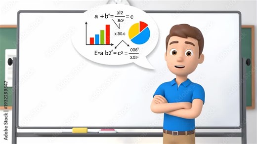 Confused man with mathematical formulas and charts in thought bubble standing before a whiteboard