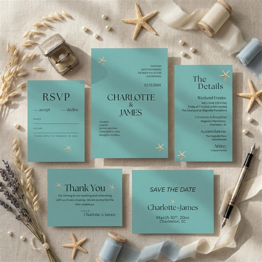 Coastal Wedding Invite Bundle Beach Starfish Suite Editable Modern Minimalist Set - Etsy