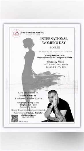 Mishel Koçiu on Instagram: "🌸 INTERNATIONAL WOMEN’S DAY SOIRÉE 🌸 — An Evening of Elegance & Tradition — Promotions AMBIGU invites you to an adults-only dinner soirée in honor of International Women’s Day. Join us for a refined evening of fine cuisine and world-class live music. 🎶 THE PERFORMANCE: Be moved by a soulful live performance from Devis Xherahu, accompanied by the virtuoso GOJARD KODRA on keyboard. 📍 WHEN & WHERE: DATE: Sunday, March 8, 2026, DOORS OPEN: 5:00 PM PROGRAM BEGINS: 5:30