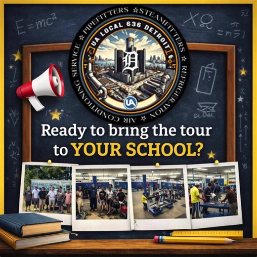 🚐 The Trades Tour is on the move — and we’re coming to schools across Detroit! We’re talking real careers in Steamfitting, Pipefitting, and HVAC: ✅ Paid apprenticeships ✅ Hands-on training ✅ High-demand, high-pay futures Let’s connect your students with life-changing opportunities in the skilled trades. 📲 Ready to bring the tour to your school? Contact us: https://bit.ly/41zPbdL #Detroit #TradesTour #Steamfitters #Pipefitters #HVAC #CareerReady #CTE #PaidApprenticeship #SkilledTrades #NoDebt #