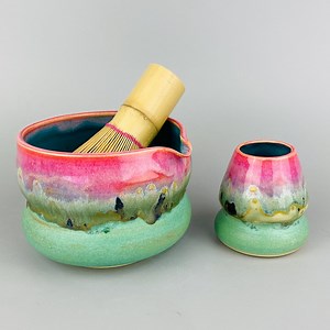 Matcha Bowl Set Chawan Chasen Whisk Holder Wavy Handmade Ceramic Pottery Purple Blue Colorful Unique USA Made Green Tea Clay Bubble - Etsy