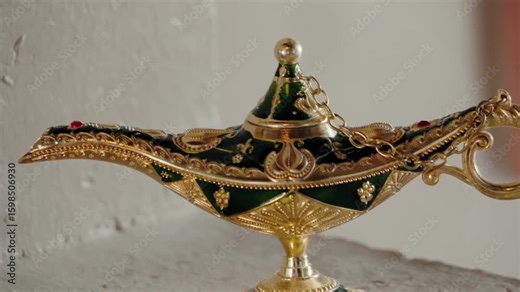 Ornate, jeweled, gold and green magic lamp. This exotic, Aladdin-style genie lamp is the perfect prop for telling your story of wishes, fantasy, and adventure.