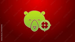 Green line Hunt on bear with crosshairs icon isolated on red background. Hunting club logo with bear and target. Rifle lens aiming a bear. 4K Video motion graphic animation