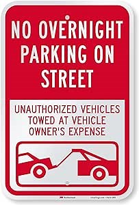 SmartSign 18 x 12 inch “No Overnight Parking On Street - Unauthorized Vehicles Towed” Metal Sign, 63 mil Aluminum, 3M Laminated Engineer Grade Reflective Material, Red and White, Made in USA