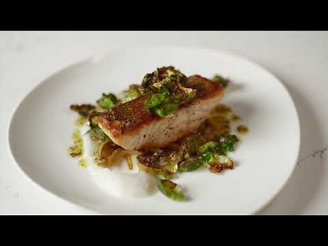 Seared Salmon with Crispy Brussels Sprouts and Creamy Sunchoke Puree