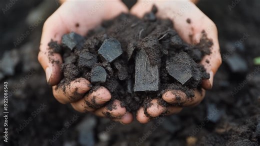 Hands holding biochar for sustainable farm waste management
