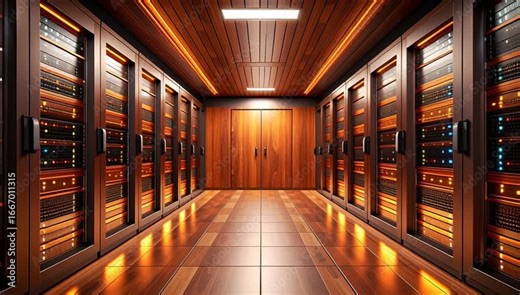 Inside the modern server room, data storage. The server room features rows of servers, the architecture showcases advanced technology