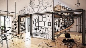 Attic Loft Conversion With Spiral Staircase & Decoration - loopable 3d visualization