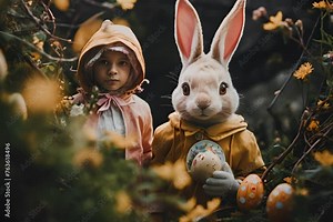 In a magical garden scene, a child in a hood and a whimsical rabbit with human-like eyes share a moment, surrounded by Easter eggs and spring blooms.
