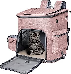 Cat Backpack Carrier,Expandable Mesh Breathable Foldable Pet Travel Bags for Small Dogs Cats Rabbits (Pink)