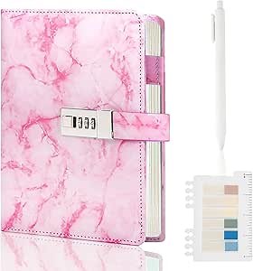 Marble Diary with Lock, 192 Pages College Ruled Secret Journal with Lock, Waterproof A5 locked journal for women, Cute Diary Stuff for Teen Girls (Pink)