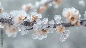 Closeup of a crystalizing frost texture on a tree branch creating a stunning contrast against the dark bark.