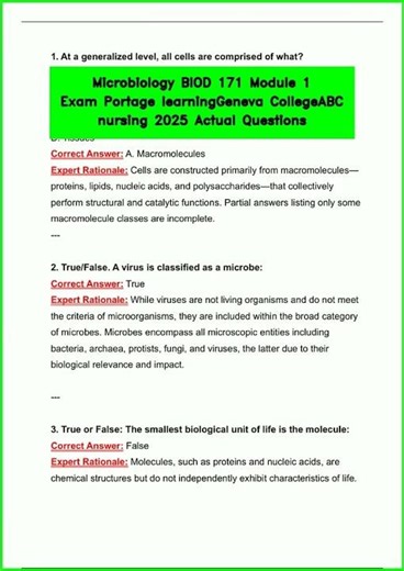 Microbiology BIOD 171 Module 1 Exam Portage learningGeneva CollegeABC nursing 2025 Actual Questions