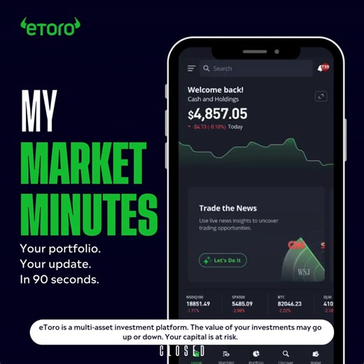 5.6K views · 20 reactions |  Have you tried My Market Minutes yet? It’s your AI-powered, personalised market update, delivered daily in just 90 seconds. ✅ Tailored to your portfolio ✅ Quick + easy to listen to anywhere ✅ Found right on your eToro Home Page Perfect for your coffee run, commute, or quick break.  Log in and give it a listen! #AI #Innovation #Fintech #eToro | eToro | Facebook