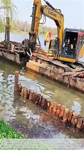 Driving the Shoreline: How a Barge-Mounted Excavator Hammers Steel Into the Coast