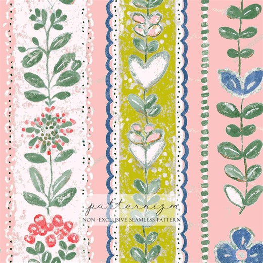 Seamless Folk Botanical Stripe Pattern Digital Download – Painted Floral Stems, Hearts, Vintage Scandinavian Style Repeat, Fabric Paper - Etsy