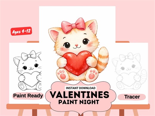 Cat Valentines Day Paint Night | Kids Paint Night Printable | Girls Birthday Party Paint Night | DIY Paint Night | Instant Download - Etsy