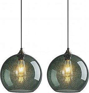 Gray Green Glass Pendant Lights Kitchen Island Lighting Globe Pendant Light Fixtures Modern Pendant Lighting for Kitchen Island Bedroom Living Dining Room Light Fixture(9.84in, 2-Pack)