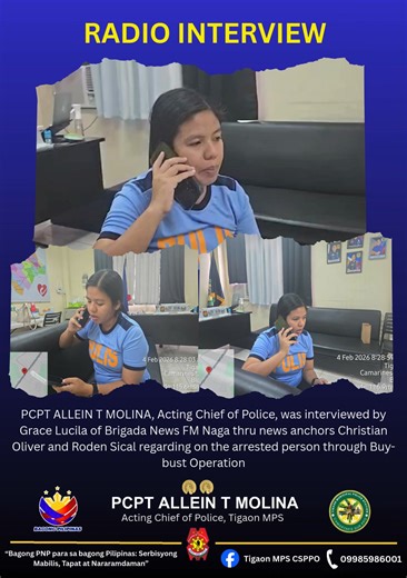 RADIO INTERVIEW PCPT ALLEIN T MOLINA, Acting Chief of Police, was interviewed by Grace Lucila of Brigada News FM Naga thru news anchors Christian Oliver and Roden Sical regarding on the arrested person through Buy-bust Operation #BagongPNPparaSaBagongPilipinas #serbisyongmabilistapatatnararamdaman | Tigaon Mps Csppo
