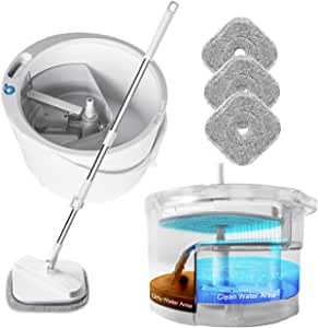 Spin Mop & Bucket Set with Self Separates Dirty & Clean Water Spinning Mop & Bucket for Floor Cleaning, Wet & Dry in One Microfiber Spin Mop System with Extra 4 Pads