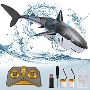 Outamateur 2.4G RC Shark Remote Control Shark with Water Spray Design Fish Boat Mini Radio Electronic Shark Fish Boat Toy Simulation Toy for Kids Age 6+ Play in Water Park/Pool/Bathtub (Gray)