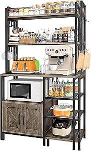 EnHomee Bakers Rack, 6 Tier Microwave Stand, Coffee Bar Organizer with 8 L-Shaped Hooks, Kitchen Shelves with Large Capacity Storage, 14.1 x 30.1 x 63.1 Inches, Black Oak