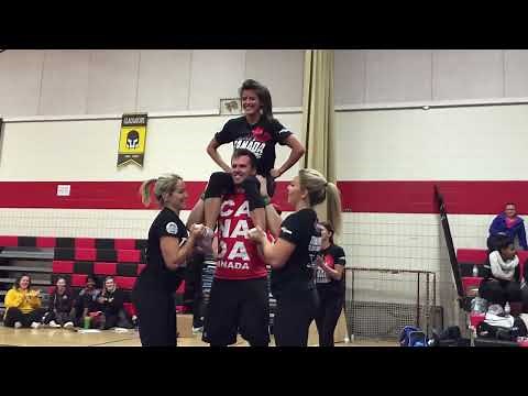 Impressive level 1 cheerleading mount, back extension to shoulder sit