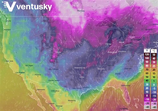 ⚠ In the coming days, a large part of the United States will be affected by an outbreak of very cold Arctic air.🥶 In many areas, it will bring extremely low temperatures, snowfall, and dangerous freezing rain in southern states. ➡ The video shows the evolution of wind chill over the next several days, with values dropping especially in the north to around −50 °C (−58 °F). Wind chill depends mainly on the actual air temperature and wind speed. Stronger winds significantly increase the feeling of