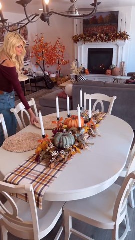 Cherish Larsen on Instagram: "Fall Tablescape 🤎🍂 It’s been such a crazy busy weekend but Im so glad I finally got around to getting my fall table put together! I actually wasn’t going to do a fall table because of my schedule lately, but I took a pole in my stories and so many of you wanted to see a fall table idea so I did it, and I am SO HAPPY I did! Giving me cozy fall vibes 🤎🍂 Comment FALL below to receive a DM with the link to shop this post on my LTK! https://liketk.it/4RoQN"