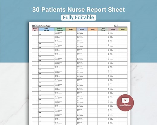 Editable Nurse Report Sheet: 30 Patient Long Term Care Template (canva & PDF, A4/US Letter) - Etsy