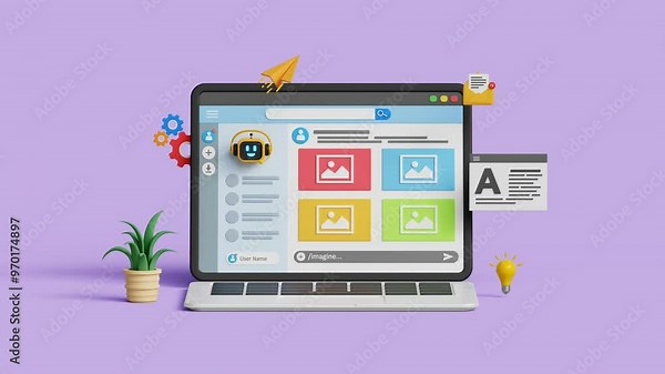 Generative AI content. AI, Artificial Intelligence. Text to image command prompt generator software. AI innovation. 3D AI chatbot generate images on laptop. 4K 3D animation. Trim first 3 sec for loop