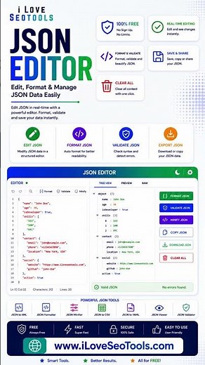 🛠️ Free JSON Editor – Edit & Manage JSON Data Online | iLoveSEOTools