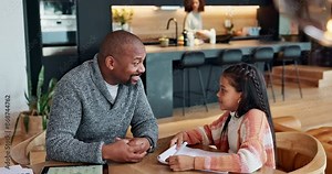 Father, girl and book for teaching in home, education and helping with homework or school project. Daddy, daughter and studying for test or assignment, support and speaking on lesson for knowledge