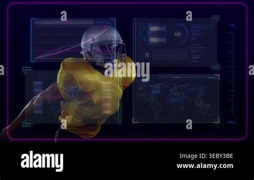 Football player tracking pass, catching ball while HUD overlaying line graph, radar for sports. Gridiron, athlete, helmet, pads, neon, magenta, holographic Stock Video Footage - Alamy