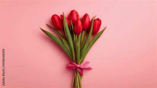 Mothers Day, Valentines Day, love holiday theme. A vibrant bouquet of red tulips tied together with a pink ribbon, set against a soft pink background. The tulips have a glossy sheen.