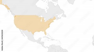 Animation of United states country map on the world map. Animation of map zoom in with border and marking of major cities and capital of the country USA. Background with alpha channel. Motion design.