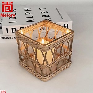 [Hot Item] Glass Square Vat Straw Braided Votive Candle Holder