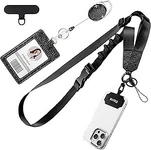 Azrra Adjustable Crossbody Cell Phone Lanyard for iPhone with Phone Tethers & Retractable ID Badge Card Holder (Bling Black)