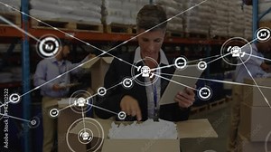 Handling packages, warehouse workers with network connections and data processing animation