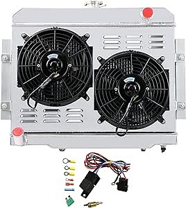4 Row Core Aluminum Radiator with 10" Fan w/Shroud & Thermostat Relay Kit for 1972-1985 Jeep CJ5 CJ6 CJ7 L6 V8