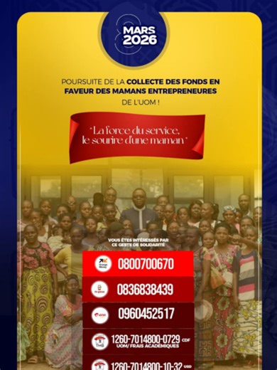🛑 ACTU 🛑 SOLIDARITÉ EN MARCHE AVEC LES MAMANS ENTREPRENEURES DE L'UOM : LES PREMIERS FONDS DÉJÀ MOBILISÉS --------------------------------------------------------------- La campagne de collecte de fonds en faveur des mamans entrepreneures et vendeuses de l’Université officielle de Mbujimayi franchit une étape décisive. Grâce à l’élan de générosité impulsé par le Recteur de l'UOM, Professeur ordinaire Abbé Apollinaire CIBAKA CIKONGO, les premiers fonds ont déjà été mobilisés. La vague de promes