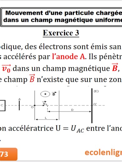 Exercice 3 90% des élèves tombent dans ce piège au Bac ! Ne perds plus tes points bêtement sur l'exercice du champ magnétique en physique ! Aujourd'hui on corrige le mouvement d'un électron pas à pas : accélération, déviation, et le fameux filtre de vitesse. Une méthode claire pour que tout le monde comprenne ! Tu veux assurer ta mention au Bac ? Ne reste pas seul ! Rejoins mon groupe WhatsApp VIP. Pour seulement 10 000F CFA, on s'entraîne intensivement sur les sujets les plus durs jusqu'au jour
