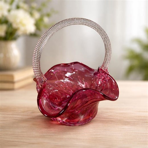 Vintage Heritage Cranberry Glass Basket: Hand Blown Ruffled Bowl, Canadian Art Glass - Etsy