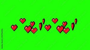 Retro 8-bit 3d hearts spinning in the air green screen and overlay animation, Hearts of retro 8-bit graphics movement rotating in place on chroma key