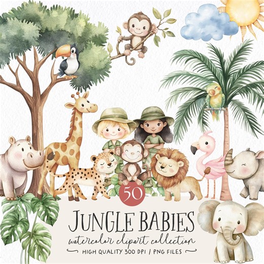 Safari Animals Watercolor Clipart, Jungle Adventure PNG, Safari Nursery Art - Etsy Australia