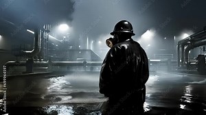 In a snapshot that captures the raw power of the industrialization a Water Treatment Operator stands in front of a vast tank of clean and recycled water the light reflecting off of his protective
