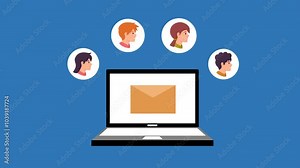 4K video email Footage with computer, email, person, people male and female Illustration. 4k video animated with desktop device with envelope email or email social media marketing with laptop computer