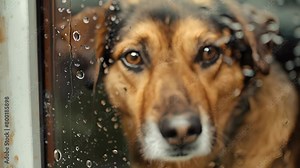 A dog is looking out a window with raindrops on the glass. The dog's eyes are wide open, and it is curious about what is happening outside