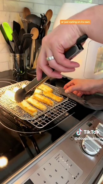 Airfried Halloumi Cheese Sticks might be my new favorite snacks! I love halloumi cheese for its unique resistance to melting. Perfect for browning in a pan, on the grill, or in the air fryer (keeps the kitchen cool in the summer). ☀️ Here is the easy recipe… Air Fried Halloumi Sticks: 8 ounces Halloumi cheese 1/4 cup Cornstarch 1/2 teaspoon Baking soda 1-2 tablespoons Olive oil Preheat Air Fryer to 375°F. Begin by slicing halloumi cheese into eight equal size sticks. Meanwhile, in a small bowl, 